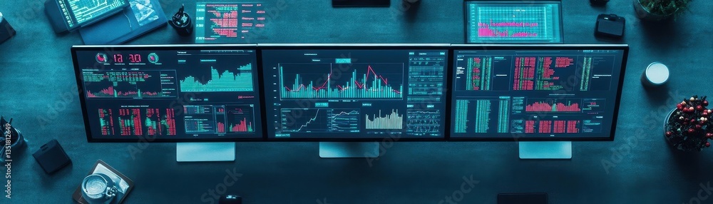 Aufkleber Computer setup with dual monitors displaying graphs and financial data trends for enhanced business analysis