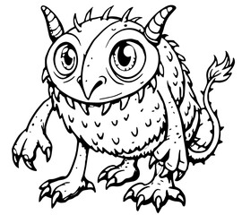 Playful line art of a cute cartoon monster with one eye, big smile, and quirky limbs. Fun and minimal design ideal for children’s illustrations, stickers, or whimsical fantasy themes.