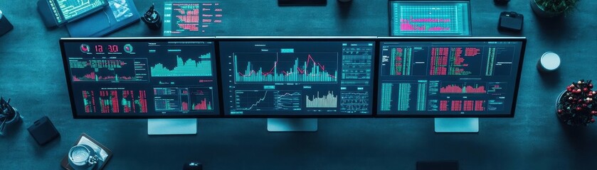 Obraz premium Computer setup with dual monitors displaying graphs and financial data trends for enhanced business analysis