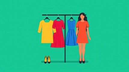 A vibrant illustration of a woman beside a clothing rack displaying colorful dresses and shoes against a bright background.