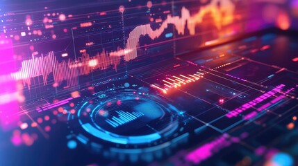 Obraz premium Neon-lit digital display shows graphs, charts, data.