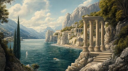 Idyllic Coastal Landscape with Ancient Ruins and Turquoise Waters of the Sea