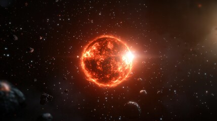 Obraz premium A vibrant red star illuminating the cosmic expanse, surrounded by distant asteroids and stars