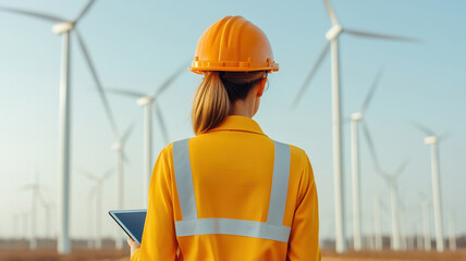 professional in safety helmet stands in field of wind turbines, symbolizing future of renewable energy. This scene highlights importance of carbon neutral and sustainable development in our world