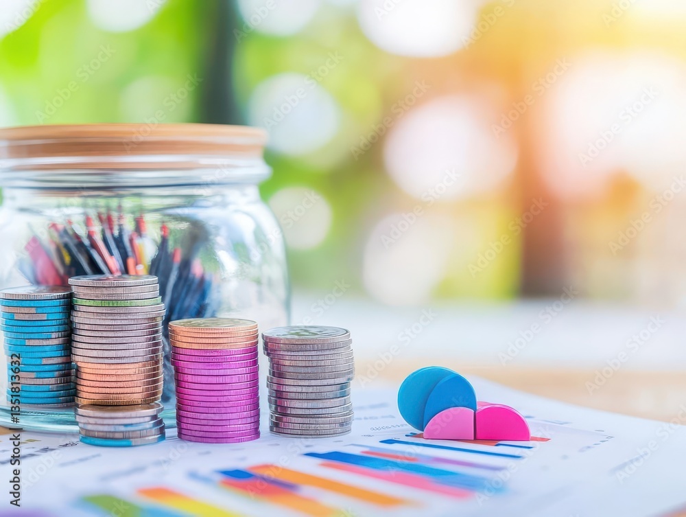 Poster jar of coins and stack of coins symbolizing financial analysis and economic insights for business gr