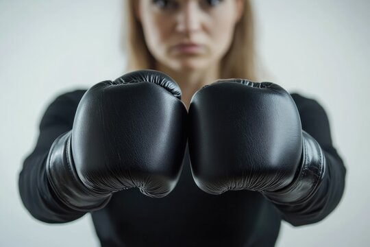Close-up of a woman's fists wearing black boxing gloves, ready for a fight.