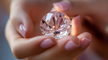 Close-up of hands holding a large faceted round diamond with light reflection and pink nails