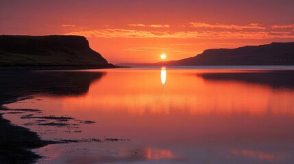 Fiery Sunset over Calm Waters and Majestic Cliffs