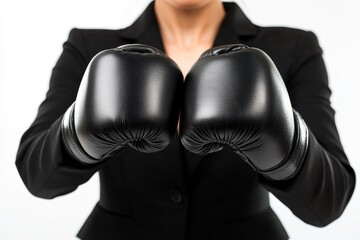 Businesswoman wearing black boxing gloves, ready for a challenge.