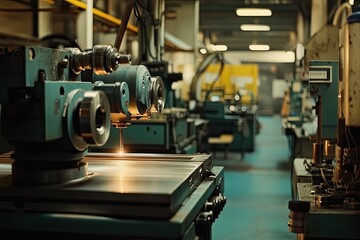 Fototapeta premium Factory machinery precisely cuts metal; sparks fly.