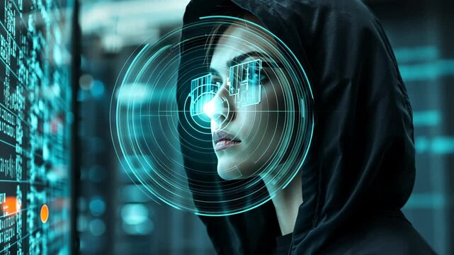 Young woman in a hoodie engaged in advanced technology interaction in a futuristic setting