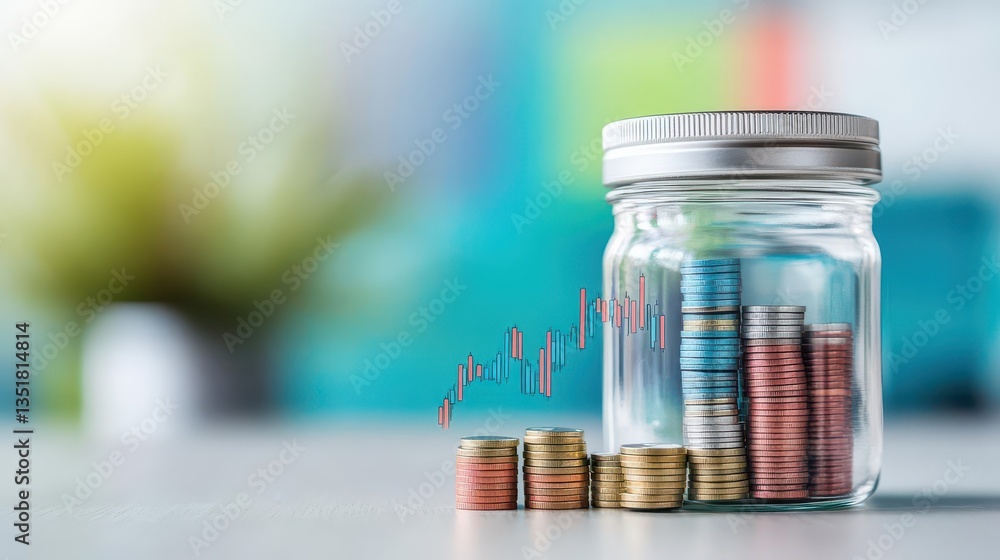 Poster jar of coins with a background stack highlighting financial analysis in healthcare insurance context