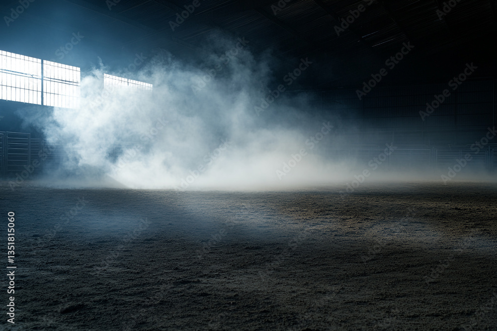 Poster interior view of a dusty arena with light streaming in through windows creating a hazy atmosphere