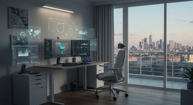 Modern Home Office with Advanced Tech and City View at Dusk