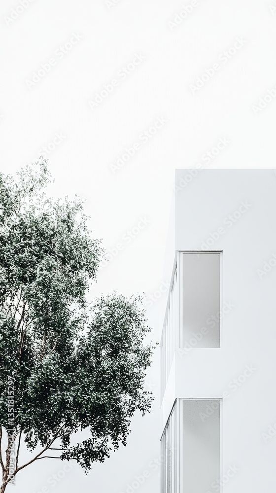 Poster minimalist architecture with greenery integration.