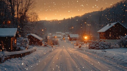 Snowy village road at sunset, houses glow warmly