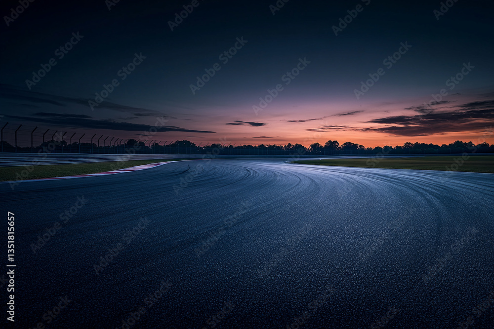 Poster A race track curving into the distance at dusk with a colorful sky and a fence on the left side