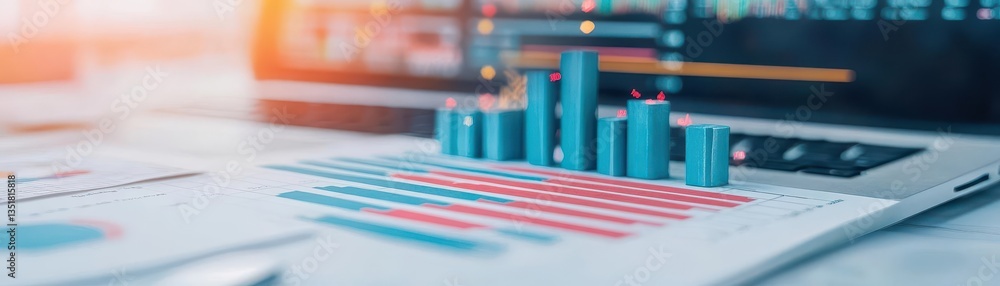 Poster Laptop displaying graphs for comprehensive market trend analysis and financial data insights in a professional environment