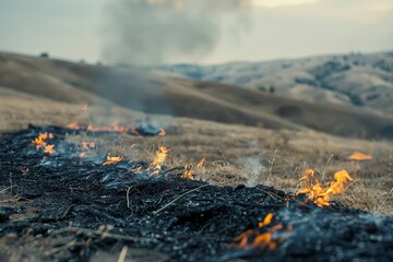 A wildfire burns through dry grass in an open field, leaving a trail of blackened earth and smoke. The flames spread along the edge, highlighting environmental risks and land damage.