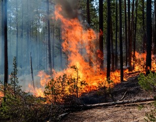 Incendio en un bosque. Llamas quemando arboles. Concepto de desastre natural