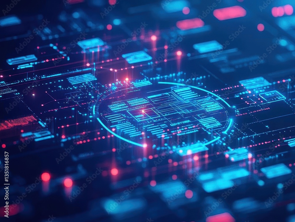 Poster Close-up of circuit board with blue and red lights indicating advanced technology for data analysis