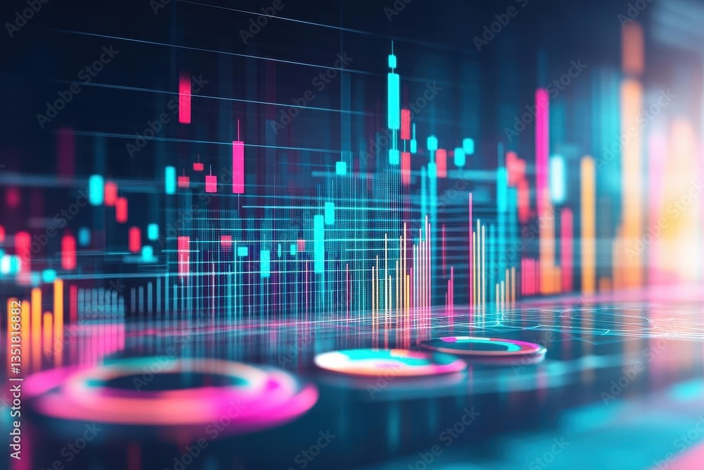 Poster Colorful abstract background featuring data line graphics for analyzing sales metrics and economic insights