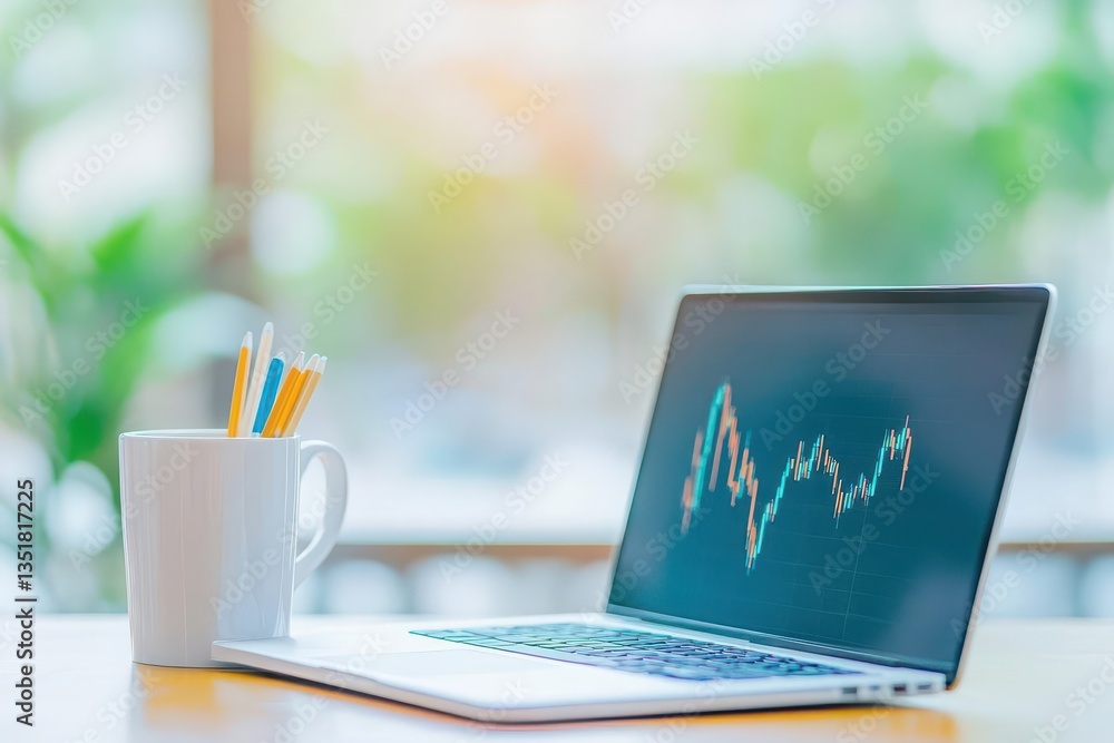 Poster Laptop and cup of coffee on table with stock market data analysis for traders and financial enthusiasts