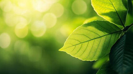 Close-up of a green leaf with a blurred nature background for a banner design. Blurred light in a spring garden landscape, with copy space and a natural concept. 8K, ultra-realistic render,