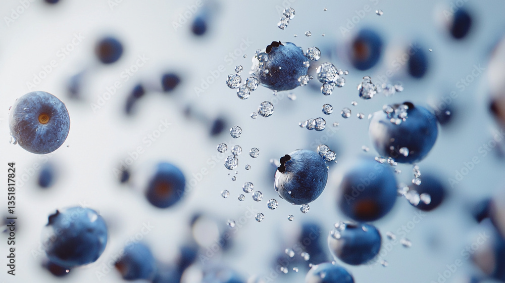 Poster a close up view of blueberries floating with water droplets on a light blue background in soft focus
