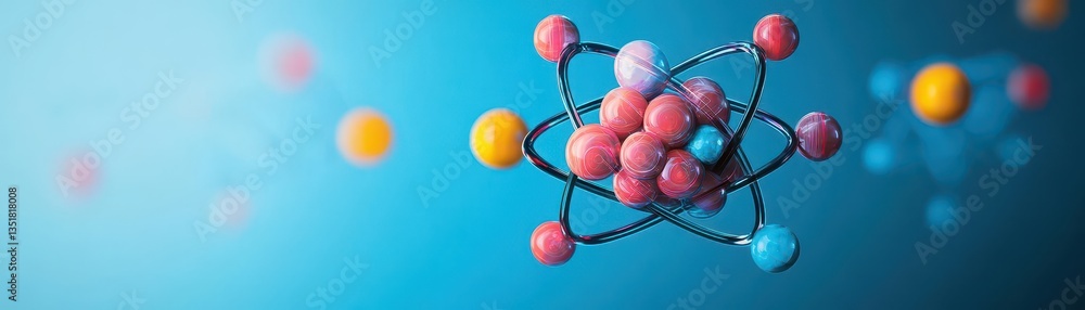 Poster Colorful molecule with spheres floating in the air illustrating the anatomy of an atom in a dynamic way