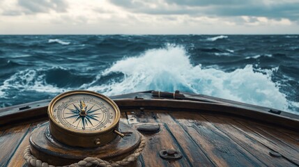 Navigating the Stormy Seas: A Compass Leads the Way on a Wooden Ship Deck