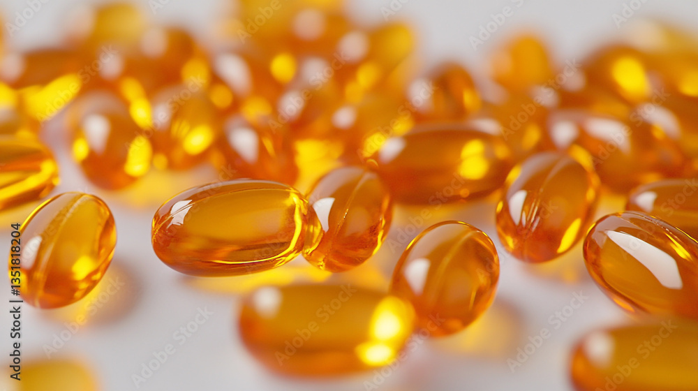 Poster close up view of many golden softgel capsules scattered on a white surface with shallow depth of fie