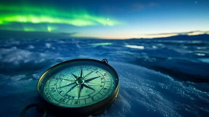 A compass on a cold icy land showing the way towards the Aurora lights of the night