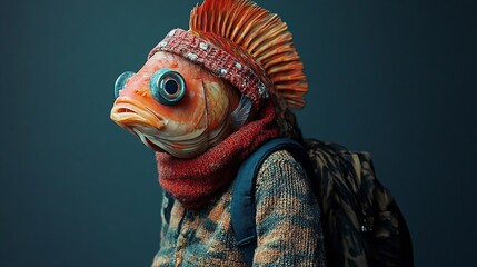 Fish-headed traveler with backpack, studio shot,  dark background, surreal portrait