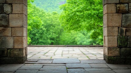 Fototapeta premium Scenic stone walkway framed by lush green tree in the background creating a peaceful outdoor environment