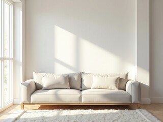Beige sofa with three cushions in a bright room, large windows, and a fluffy rug