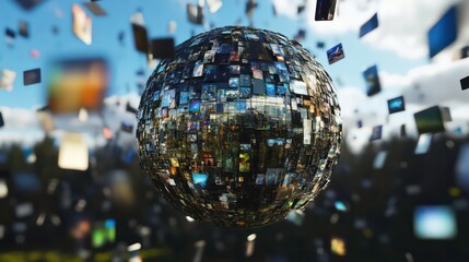 Digital sphere of images, floating in the air, various scenes, background nature, for a technology concept