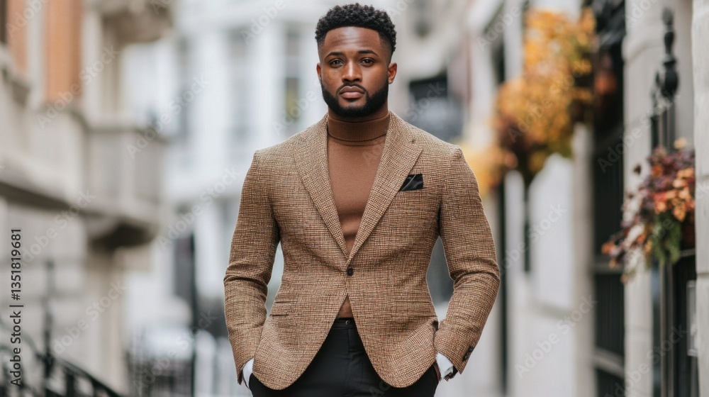Poster man in stylish mocha mousse blazer with coordinated backdrop.