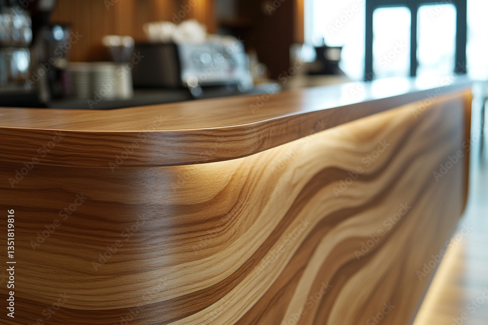 Poster close up of a wooden counter with a curved design and soft lighting in a modern cafe setting