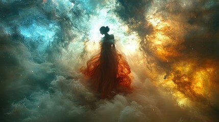 A silhouetted woman stands amidst ethereal celestial clouds and colors