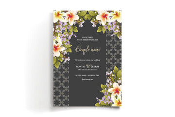 WEDDING INVITATION FRAME WITH FLOWER DECORATIONS AND FRESH LEAVES
