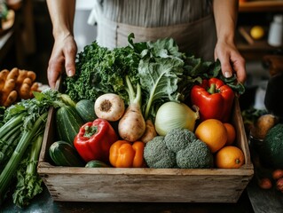 Fototapeta premium Fresh Organic Vegetables in Rustic Wooden Crate Held by Farmer – Healthy Farm-to-Table Produce, Local Market Harvest, Sustainable Food Concept