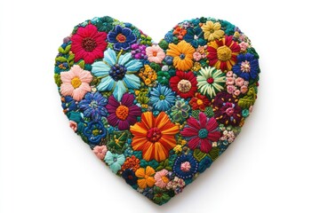 A heart-shaped embroidery bursting with vibrant, colorful flowers, a stunning textile art piece.