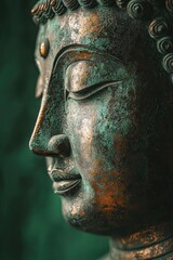 Bronze khmer buddha head on moss green a study in simplicity