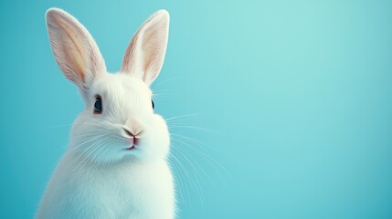 Obraz premium Cheerful white rabbit smiling on skyblue background for spring designs