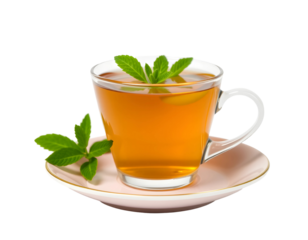 Refreshing Mint Herbal Tea in a Glass Cup on a Pink Saucer