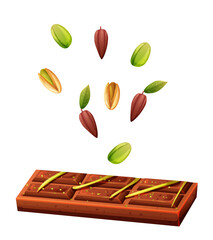 Dubai milk chocolate with flying pistachio and cocoa ingridients