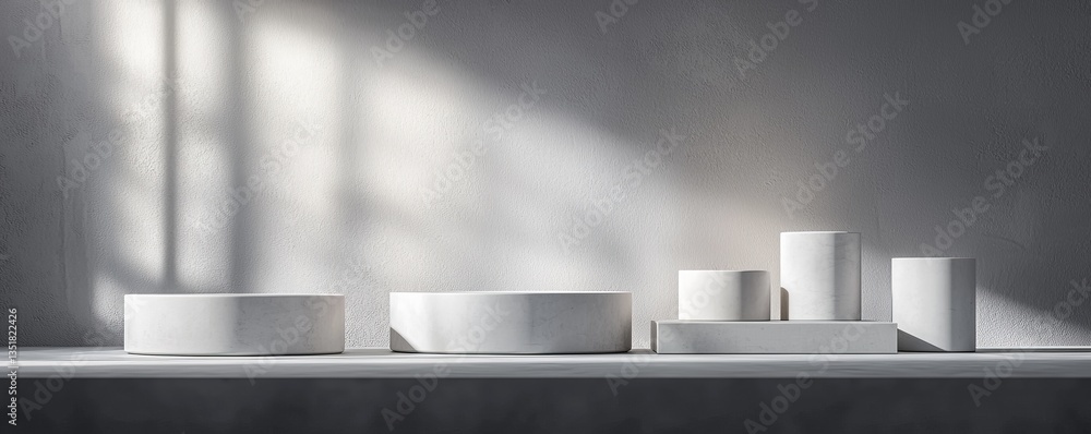 Poster minimalist white objects on a gray shelf.