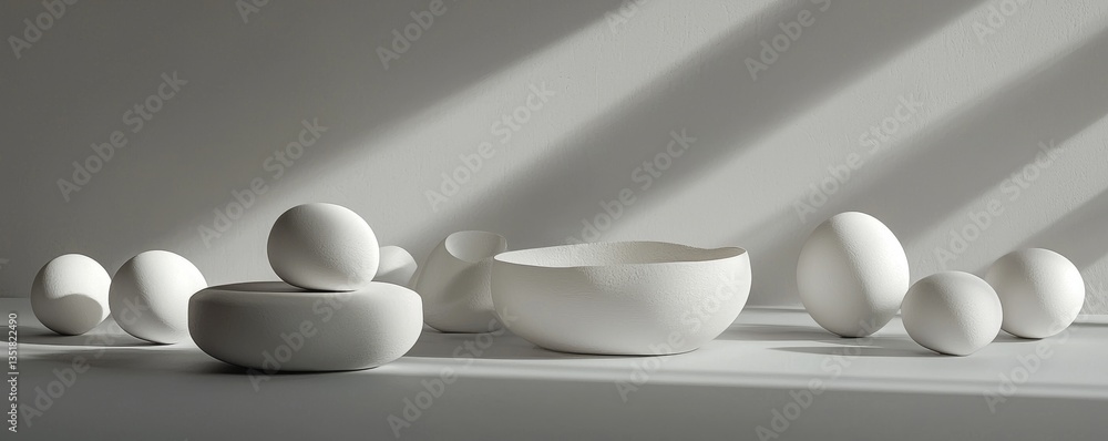 Poster minimalist white objects on a gray surface.