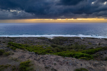 Aerial view of the East coast of Rodrigues island from Mt Cabris during sunrise